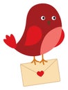 Cute Little Red Bird with Bow Holding Envelope with Heart Image . Vector Cute Bird