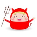 Cute little Red Devil Demon. boy kid in Halloween costume isolated on white background. Halloween Kid Costume Party Vector Royalty Free Stock Photo