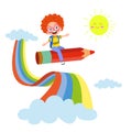 cute Little Red Haired Girl Flying on Colorful Pencil with Sun and Clouds Background Vector Illustration Royalty Free Stock Photo