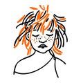 A cute little red-haired girl woke up and does not want to open her eyes. Lines vector. Outline