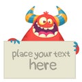 Cute Little Red Monster Cartoon Mascot Character Holding A Blank Sign. Vector Illustration Royalty Free Stock Photo