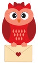 Cute Little Red Owl with Bow Holding Envelope with Heart Image. Vector Cute Owl