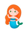 Redhaired mermaid waving with her hand. Children illustration of a cute fairy tale character