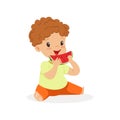 Cute little redhead boy character enjoying eating watermelon cartoon vector Illustration Royalty Free Stock Photo