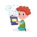 Cute little redhead boy reading fairytale book, kids imagination concept colorful cartoon Illustration Royalty Free Stock Photo