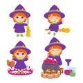 Cute little redhead witch with broom, hat, book of spells, magic wand and pot. The sorceress is brewing potions. Set of elements Royalty Free Stock Photo