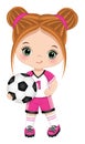 Cute Little Redheaded Girl Holding Soccer Ball. Vector Girl with Football Ball Royalty Free Stock Photo