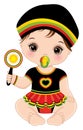 Cute Little Reggae Baby Girl with Pacifier Holding Rattle. Vector Reggae Baby Girl