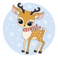 Cute little reindeer wearing a winter scarf. Vector illustration