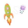 Cute little rhino flying in green rocket. Cartoon hippo character in space costume with rocket on white background. Design for Royalty Free Stock Photo