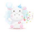 Cute little rhino letting off party popper and holding balloon cartoon illustration Premium Vector