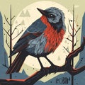 Cute little robin sitting on a tree branch in the autumn forest. Red and gray birdie in the wild. Full body graphic illustration Royalty Free Stock Photo