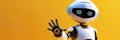 cute little robot assistant waves hello, mobile chatbot, computer security on the Internet, poster, horizontal banner, bright