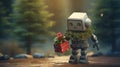 A cute little robot carries a Christmas gift, decorated with mistletoe.