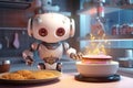 Cute little robot helping in the kitchen. Robotic assistant for the home. Robo chief character making food. Technology, artificial Royalty Free Stock Photo