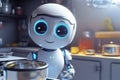 Cute little robot helping in the kitchen. Robotic assistant for the home. Robo chief character making food. Technology, artificial