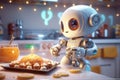 Cute little robot helping in the kitchen. Robotic assistant for the home. Robo chief character making food. Technology, artificial