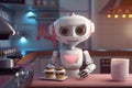 Cute little robot helping in the kitchen. Robotic assistant for the home. Robo chief character making food. Technology, artificial