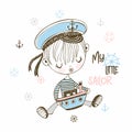 Cute little sailor boy in cap with toy boat. Vector Royalty Free Stock Photo