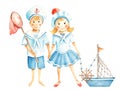 Cute little sailor boy and girl in marine suits with fishing net and toy boat. Watercolour nautical illustration for Royalty Free Stock Photo