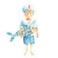 Cute little sailor boy in a marine suit with blue yellow fish. Watercolour nautical illustration for children. Hand Royalty Free Stock Photo