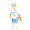 Cute little sailor boy in a marine suit with red starfish. Watercolour nautical illustration for children. Hand painted Royalty Free Stock Photo