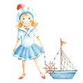 Cute little sailor girl in a marine dress with ship, boat with wooden steering wheel. Watercolour nautical Royalty Free Stock Photo