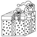 Cute little Santa Claus is sitting astride a big gift box with a bow