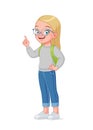 Cute little school girl in glasses index finger pointing up with idea. Cartoon vector illustration. Royalty Free Stock Photo