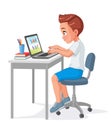 Cute little school kid studying with laptop. Cartoon vector illustration. Royalty Free Stock Photo