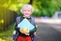 Cute little schoolboy outdoors on sunny autumn day. Back to school concept. Royalty Free Stock Photo