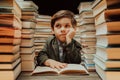 Cute little schoolboy reading interesting book in library between stacks of books literature. Education concept, time Royalty Free Stock Photo