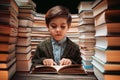 Cute little schoolboy reading book in library between stacks of books literature Royalty Free Stock Photo