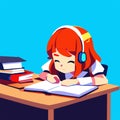 Cute little schoolgirl doing homework at desk. Vector illustration. Generative AI Royalty Free Stock Photo