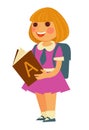 Cute little schoolgirl in dress with tie reads textbook