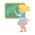 Cute little schoolgirl standing near the blackboard and writing mathematical examples, a colorful character isolated on Royalty Free Stock Photo