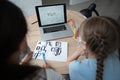 Cute little schoolgirls. Young students doing his homework. Education for small kids. Back to school concept.