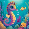 Cute little seahorse vivid color background. Cartoon style marine animal illustration, generative AI