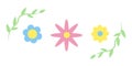 Cute little set of spring elements - vector flat flowers and green branches with leaves Royalty Free Stock Photo