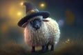 Cute Little Sheep Dressed as a Witch for Halloween in a Fall Field