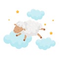 Cute little sheep sleeping on a cloud, lovely animal cartoon character, good night design element, sweet dreams vector