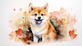 Cute little Shiba Inu dog with a wide open mouthed smile and bright. Watercolor