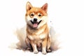 Cute little Shiba Inu dog with a wide open mouthed smile and bright. Watercolor