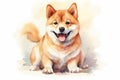 Cute little Shiba Inu dog with a wide open mouthed smile and bright. Watercolor