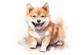 Cute little Shiba Inu dog with a wide open mouthed smile and bright. Watercolor