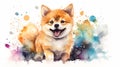 Cute little Shiba Inu dog with a wide open mouthed smile and bright. Watercolor