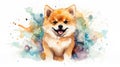 Cute little Shiba Inu dog with a wide open mouthed smile and bright. Watercolor