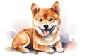 Cute little Shiba Inu dog with a wide open mouthed smile and bright. Watercolor