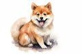 Cute little Shiba Inu dog with a wide open mouthed smile and bright. Watercolor