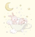 Cute little sister bunnies take baths in a cup. Moon, foam and clouds on the background. Cartoon hand drawn illustration